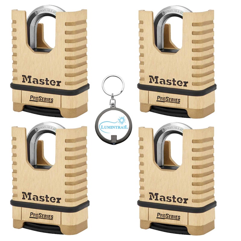 Master Lock 1177D 2-1/4in (57mm) Wide ProSeries Shrouded Brass Resettable Combination Padlock, 4 Pack Bundle w/Keychain Light - Image 1